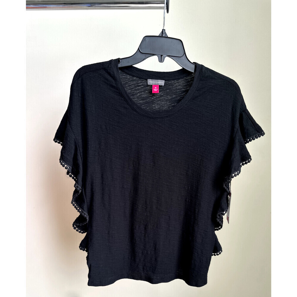 Vince Camuto Women's Drop Shoulder Ruffle Dot Trim Blouse Shirt Top In Black XS